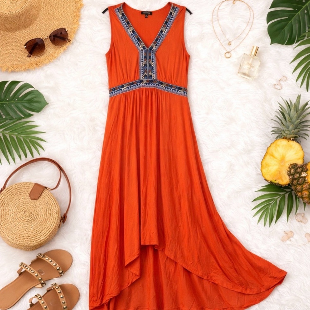 SPENSE Women's Orange High Low Maxi Embroidered Metal Beads Sleeveless Dress M